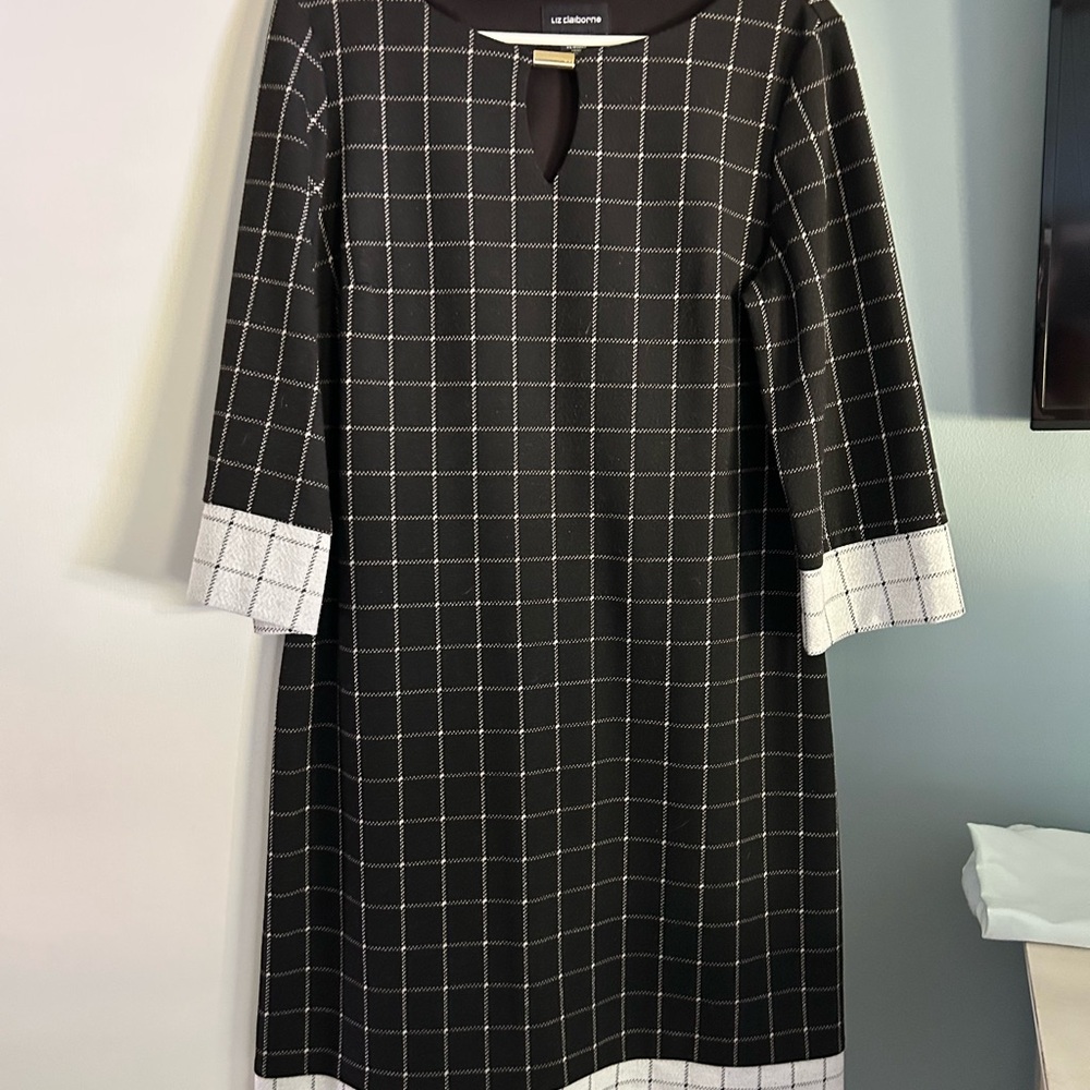 Liz Claiborne Black and White Sheath Dress with Ruffled Cuffs